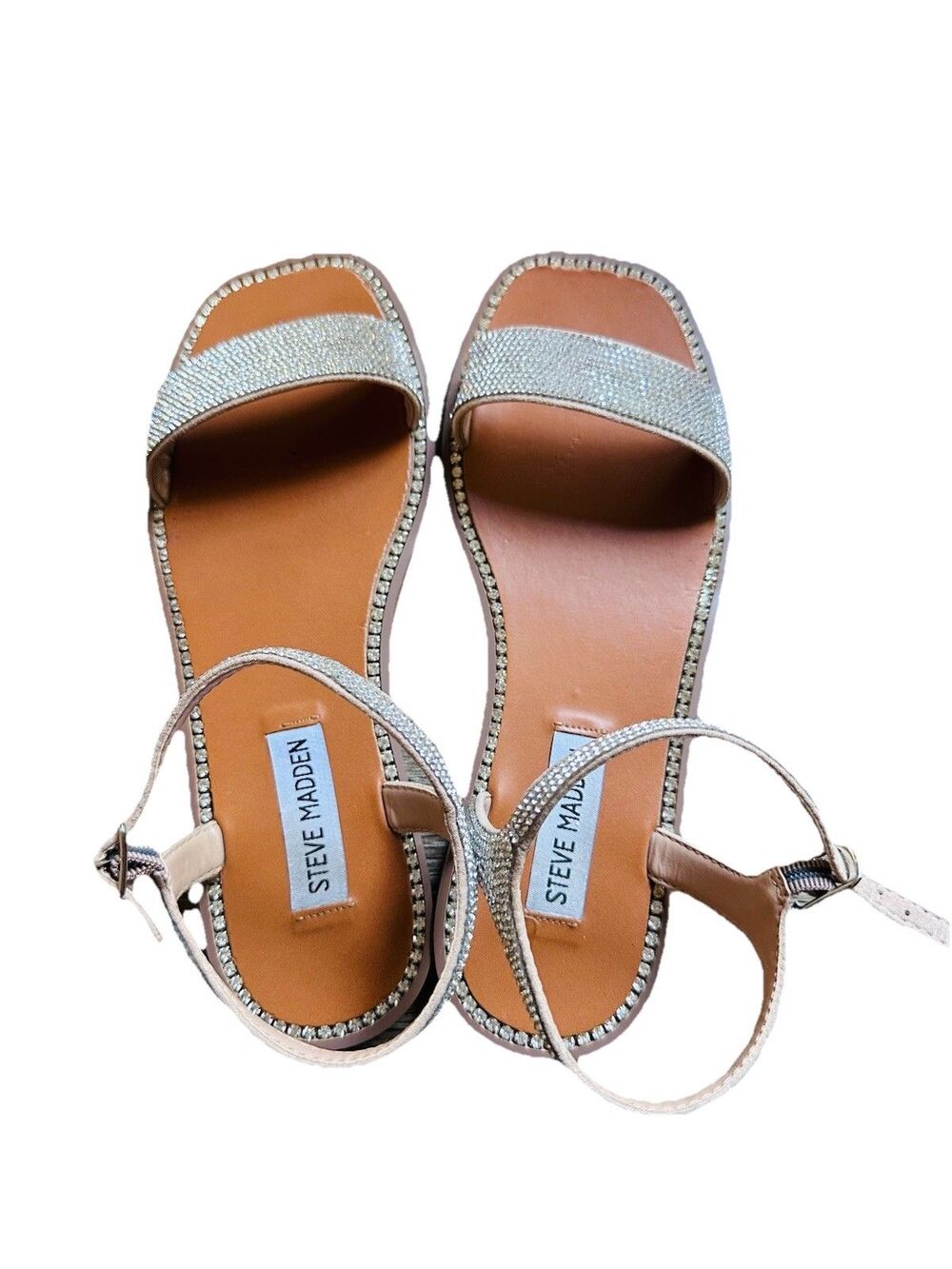 Steve Madden Rhinestone Strappy Slip-On Women's Sandals Beige Silver SZ 8 - Picture 7 of 10